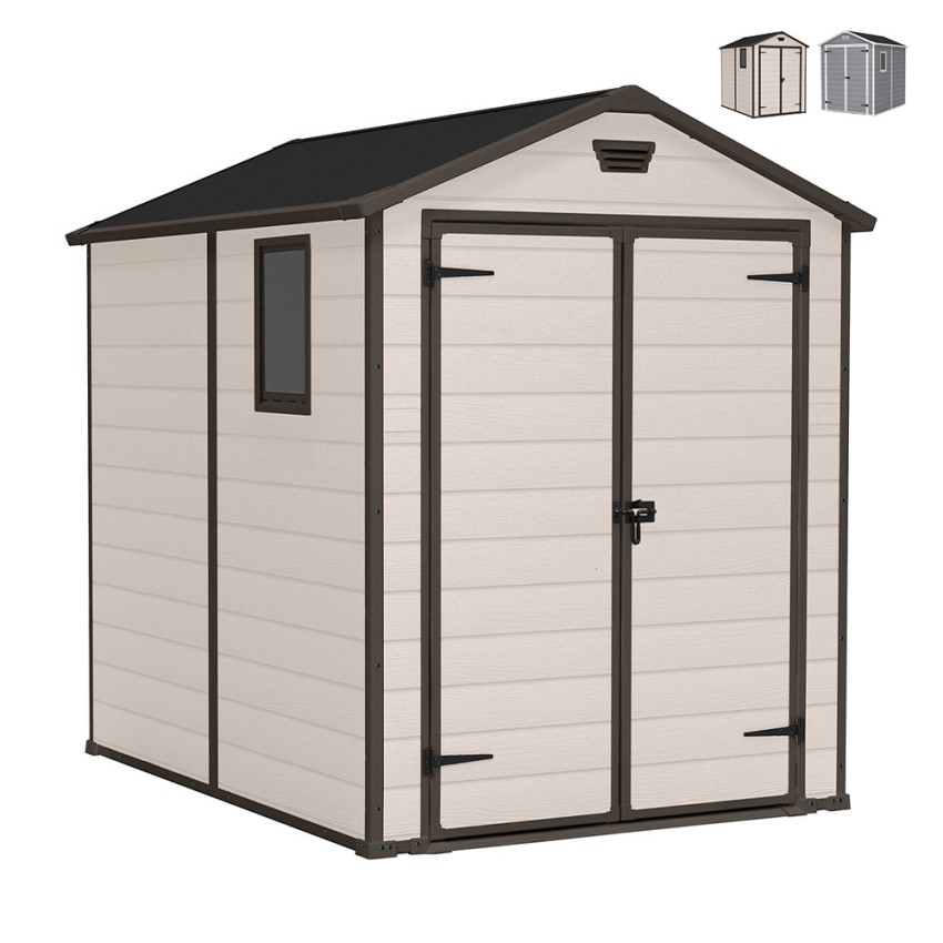 Grande abri de jardin en résine PVC 185,8x236,8x227 cm Manor 6x8 Keter Promotion Grande abri de jardin en résine PVC 185,8x236,8x227 cm Manor 6x8 Keter Promotion