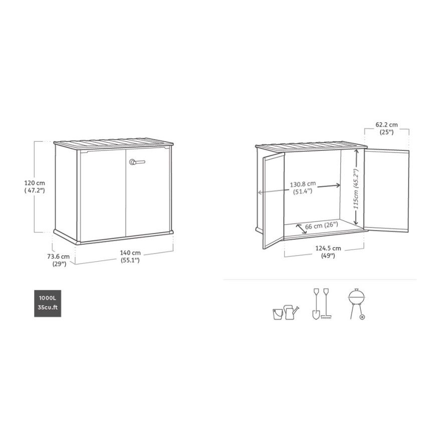 Armoire Basse d'Extérieur en Résine Gris avec une Contenance de 1000 L -  139,5 x 77 x 120 cm