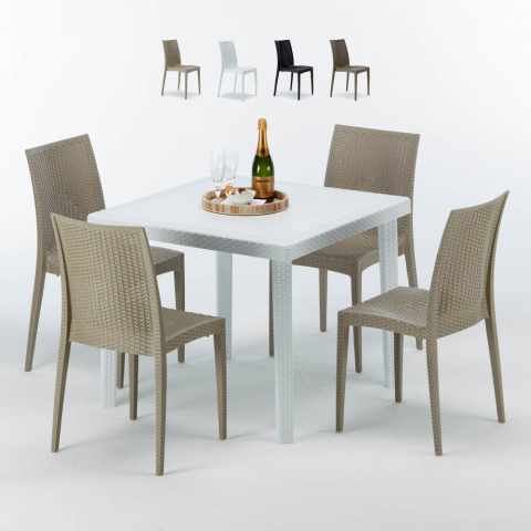 Table Carrée Blanche 90x90cm Avec 4 Chaises Colorées Grand Soleil Set Extérieur Bar Café Bistrot Love