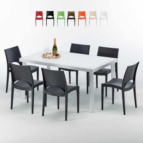 Table Rectangulaire Blanche 150x90cm Avec 6 Chaises Colorées Grand Soleil Set Extérieur Bar Café Paris Summerlife