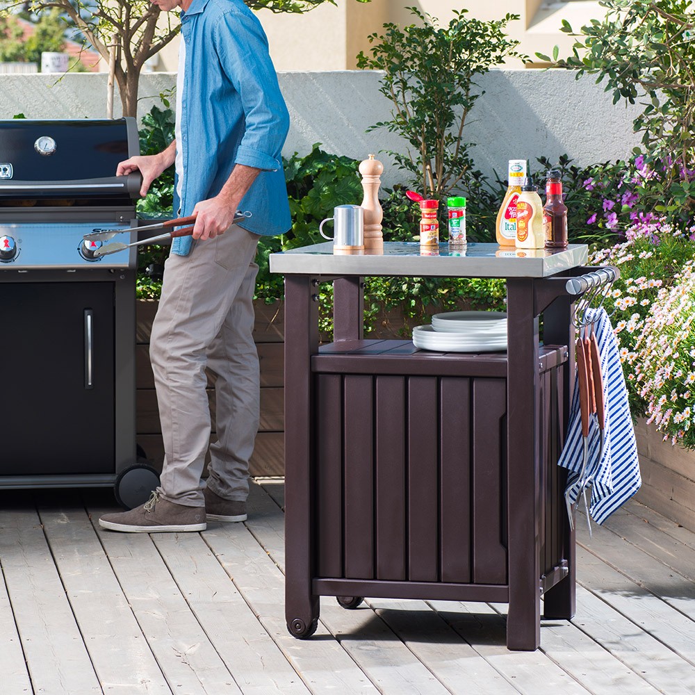 Table de rangement mobile pour barbecue avec plateau en acier Unity Keter K253041