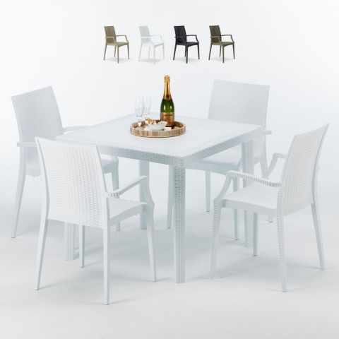 Table Carrée Blanche 90x90cm Avec 4 Chaises Colorées Grand Soleil Set Extérieur Bar Café ARM Bistrot Love