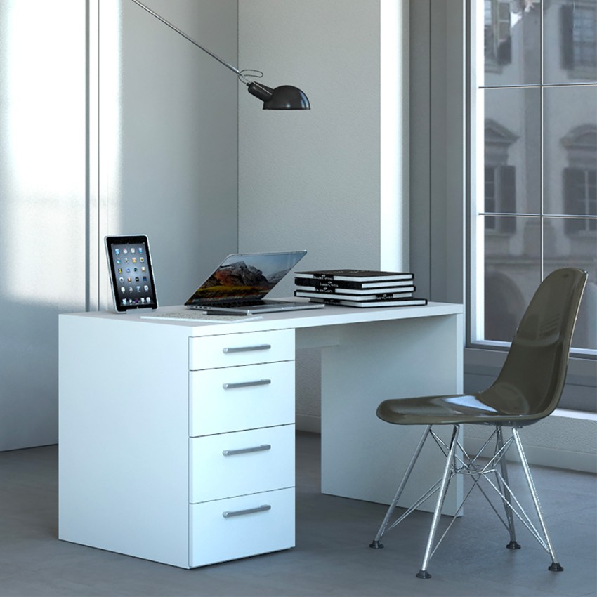 Petit bureau avec 4 tiroirs à droite, couleur blanc, h : 77 cm, l