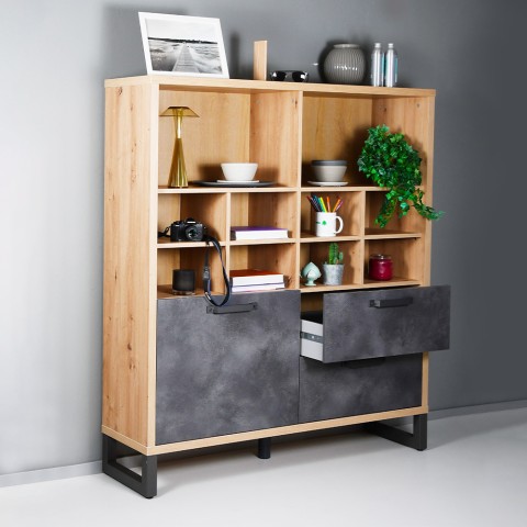 Bibliothèque style industriel avec 1 porte et 2 tiroirs pour salon ou bureau Cratfy Promotion