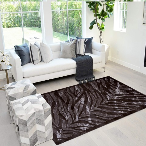 Tapis rectangulaire marron à motif zébré pour salon Double MAR007 Promotion
