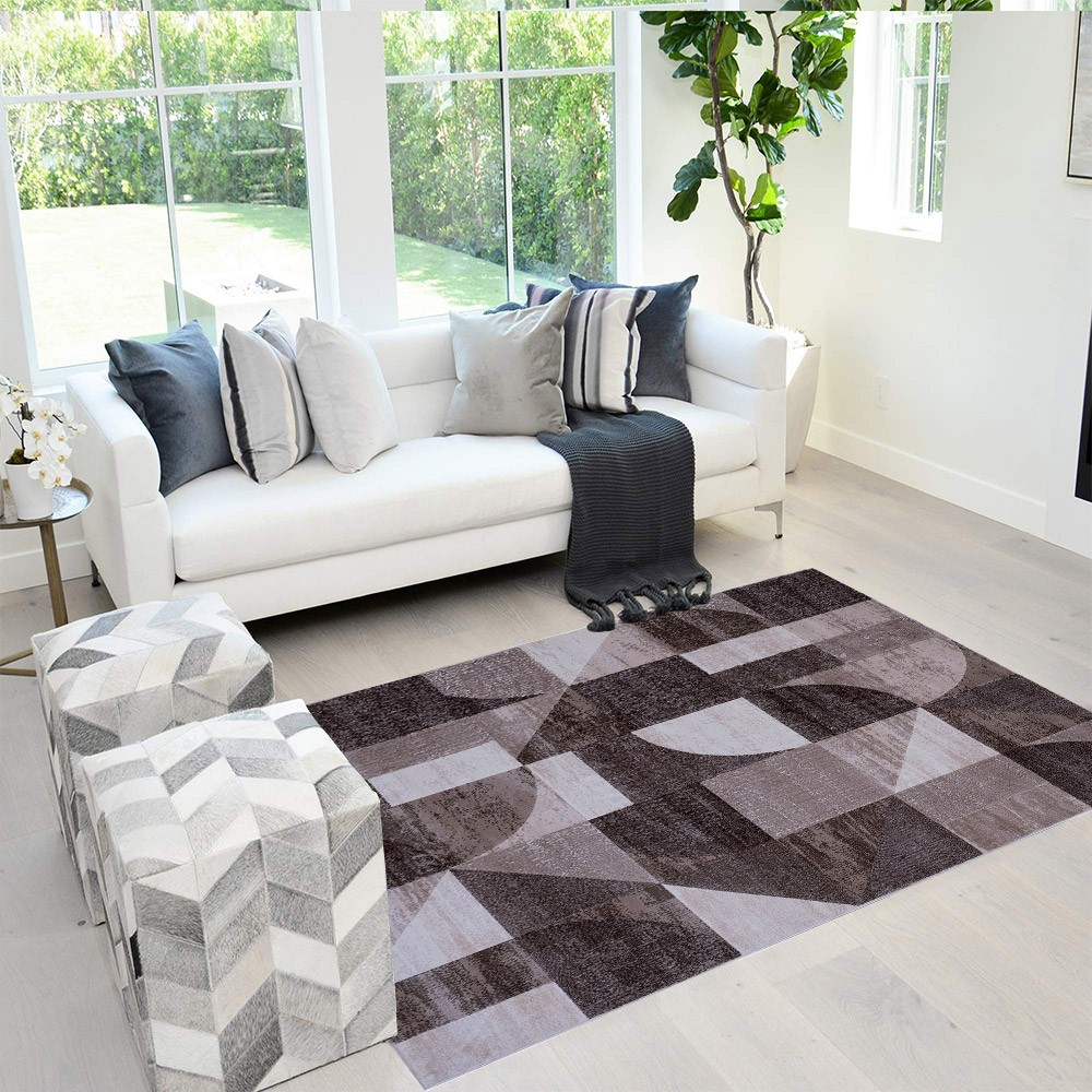 Tapis rectangulaire géométrique marron moderne salon Double MAR009