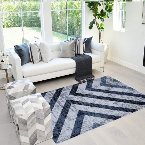 Tapis de salon rectangulaire style géométrique poils courts Double BLU004 Promotion