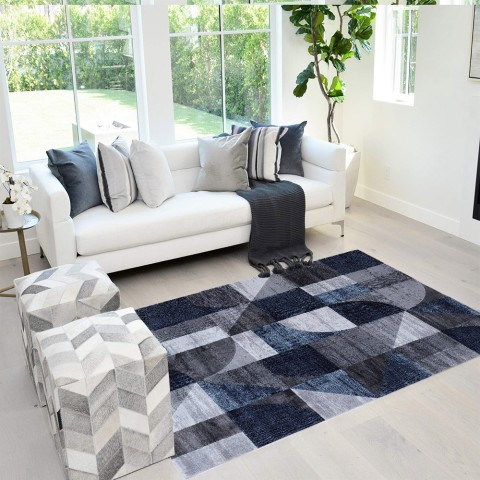 Tapis moderne design géométrique rectangulaire bleu gris Double BLU005 Promotion
