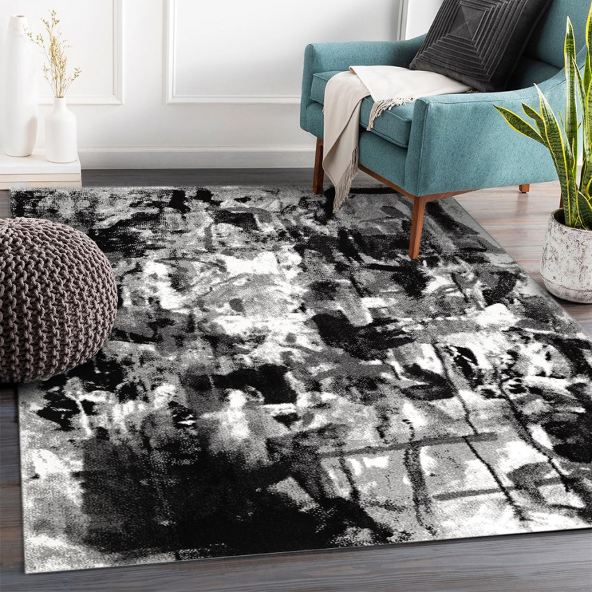 GRI226 tapis abstrait rectangulaire gris noir blanc design moderne