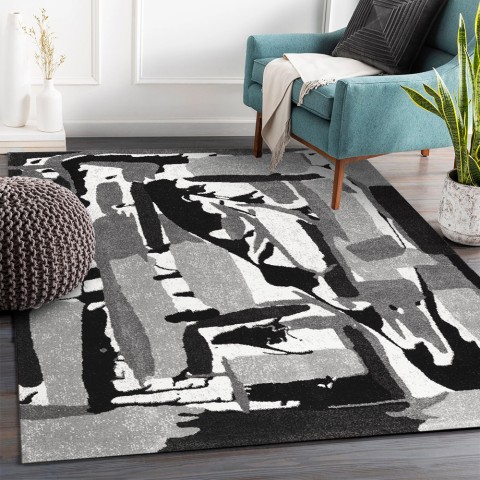 Tapis rectangulaire moderne blanc noir gris motif abstrait GRI227 Promotion