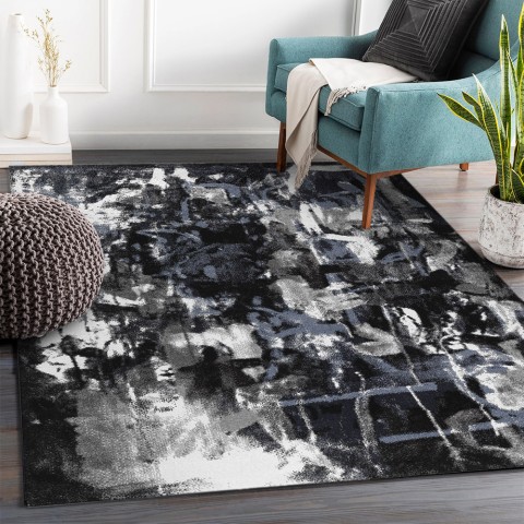 Tapis moderne design abstrait rectangulaire bleu gris blanc BLU017 Promotion