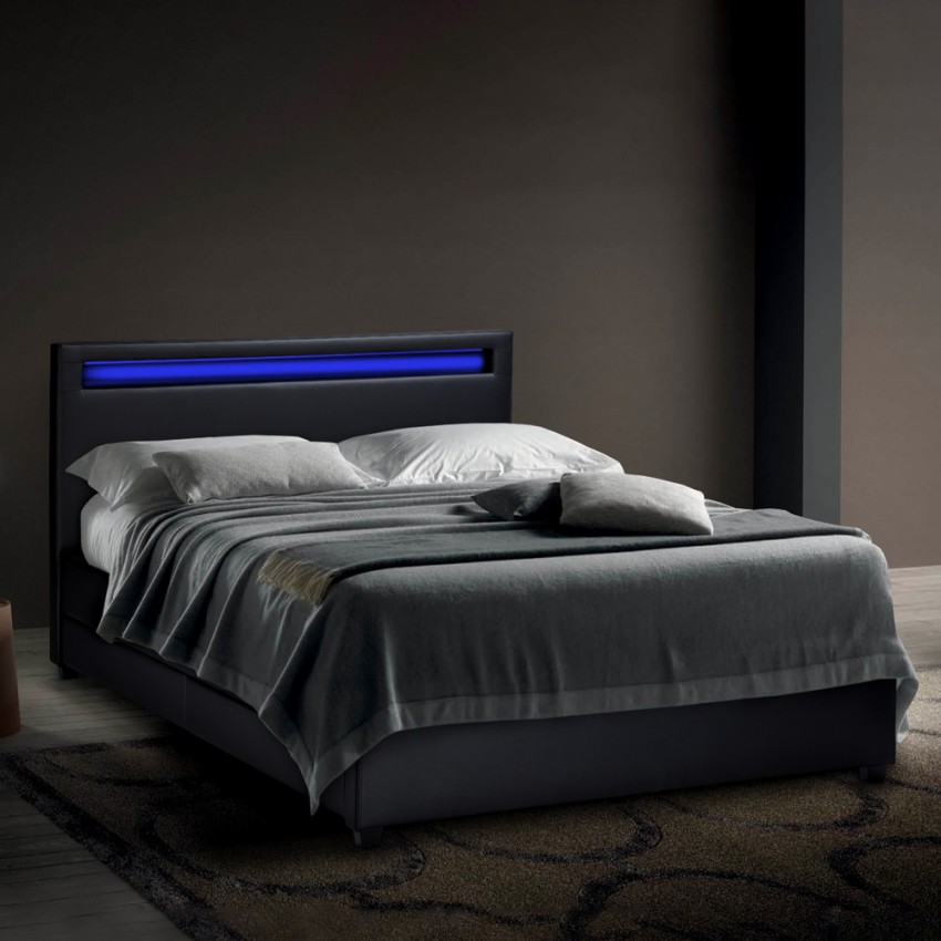 Lit double à LED avec coffre et sommier à lattes 160x190 Geneva King Promotion Lit double à LED avec coffre et sommier à lattes 160x190 Geneva King Promotion