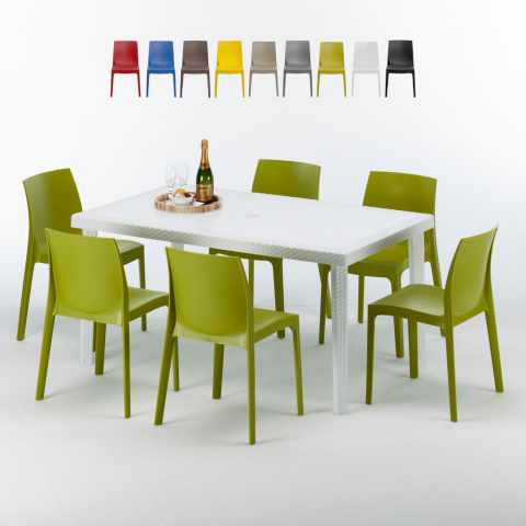 Table Rectangulaire Blanche 150x90cm Avec 6 Chaises Colorées Grand Soleil Set Extérieur Bar Café Rome Summerlife