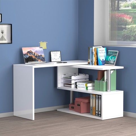Bureau d'angle pivotant blanc pour maison et bureau avec 2 étagères Volta WH Promotion