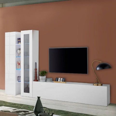 Meuble TV de salon moderne blanc armoire et vitrine Elco WH Promotion