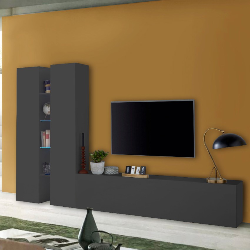 Meuble TV de salon moderne 2 armoires 4 étagères gris Sage RT Promotion
