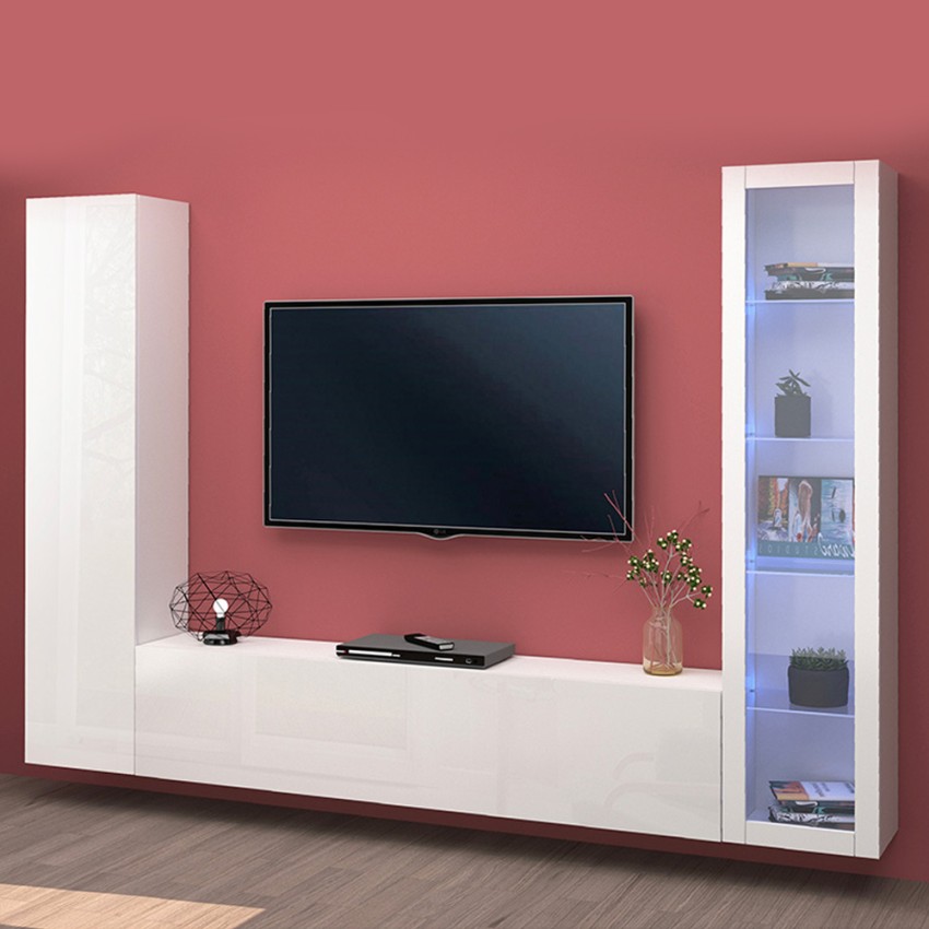 Meuble TV LED mural avec 2 armoires et 4 grands tiroirs, éclairage