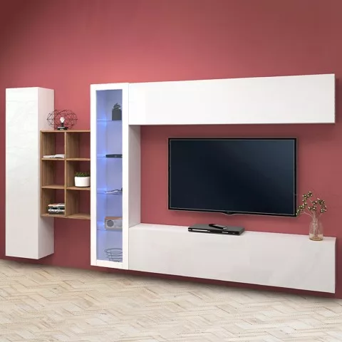 Meuble TV de salon suspendu meuble blanc bibliothèque Loane WH Promotion