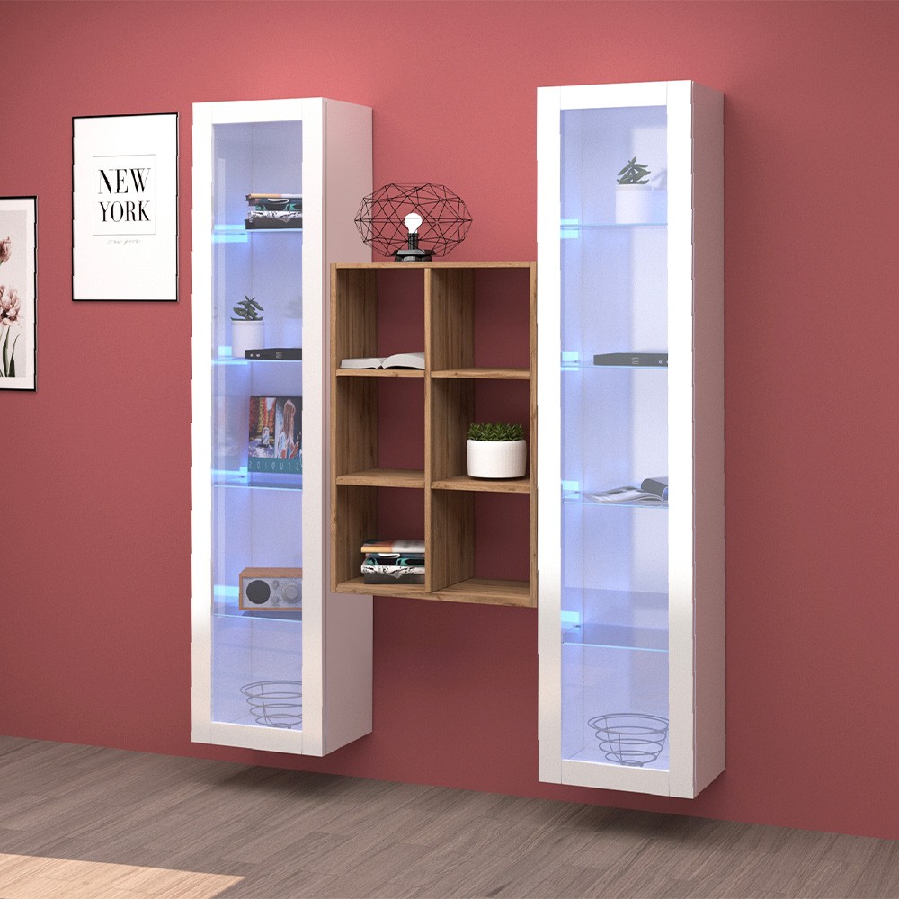 Meuble TV de salon 2 bibliothèques en bois blanc Kesia WH