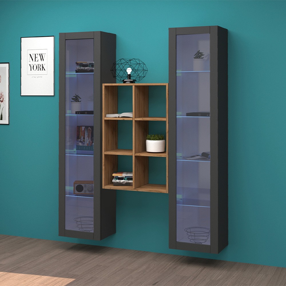 Kesia RT Bibliothèque murale de salon en bois gris 2 vitrines