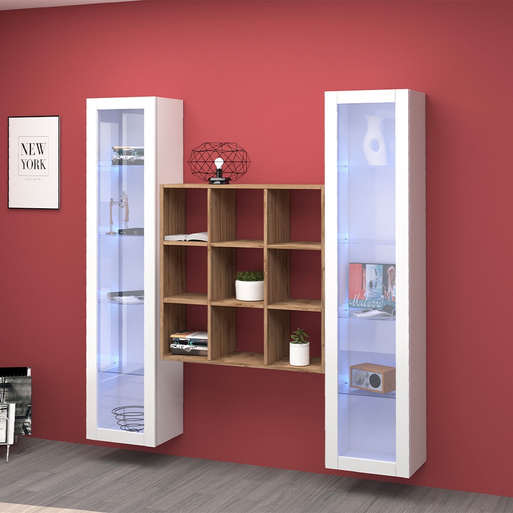 Bibliothèque suspendue en bois 2 vitrines colonnes blanc Vila WH