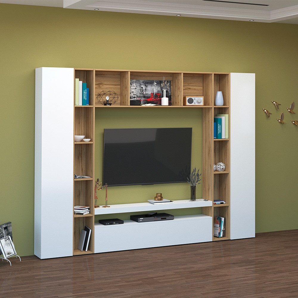 Arkel WH Meuble TV moderne avec bibliothèque en bois blanc