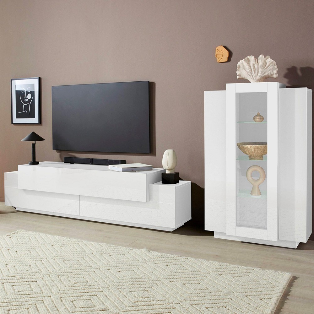 Woud WH Meuble TV blanc de salon avec meuble vitrine