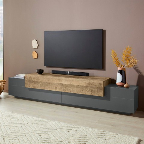 Meuble TV design moderne 240 cm gris et bois Corona Low Hound Promotion