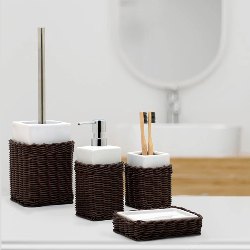 Rattan Accessoires de salle de bain en céramique blanche porte-brosse à  dents distributeur de savon