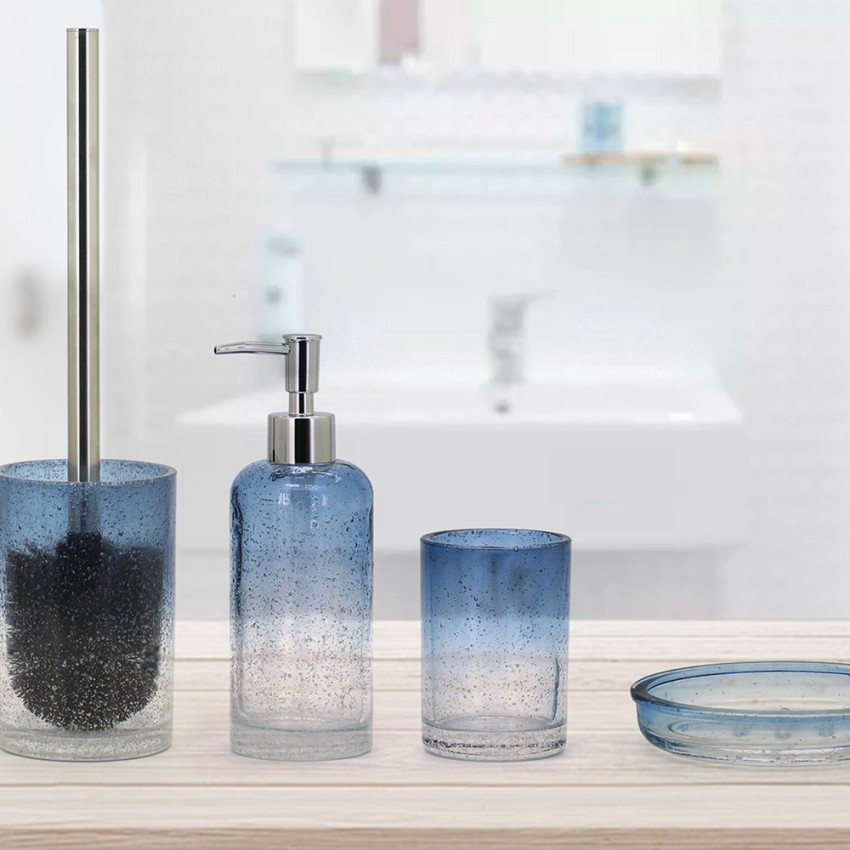 Ensemble d'accessoires de salle de bain porte-savon porte-brosses à dents porte-balai en verre bleu Elba Promotion Ensemble d'accessoires de salle de bain porte-savon porte-brosses à dents porte-balai en verre bleu Elba Promotion