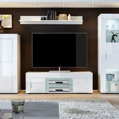 Meuble TV de salon avec 2 portes blanc brillant moderne Petite Easy Promotion