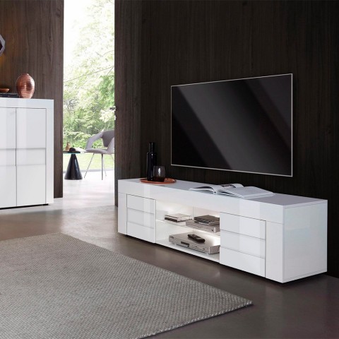 Meuble TV blanc brillant moderne 2 portes 180 cm Grande Easy Promotion