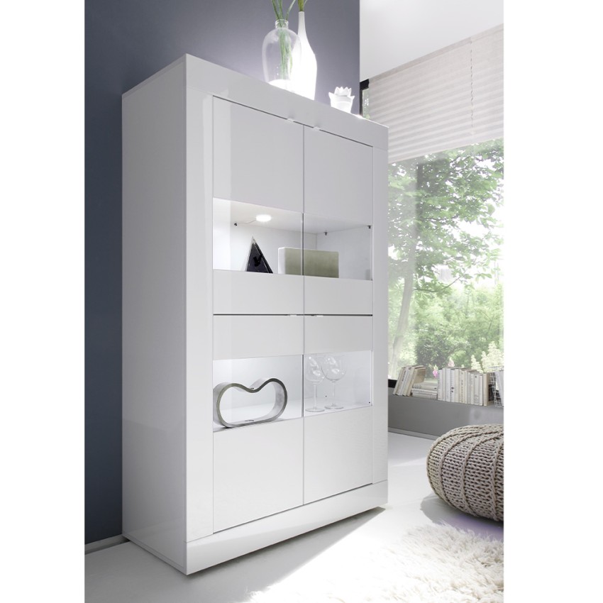 Tina Wh Basic vitrine de salon moderne 4 portes verre blanc brillant