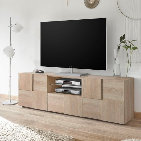 Meuble TV 2 portes tiroir bois design à carreaux Tecum Sm Dama Promotion