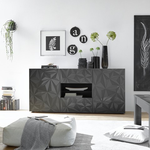 Buffet moderne 2 portes 2 tiroirs gris brillant 181 cm Prisma Rt M Promotion