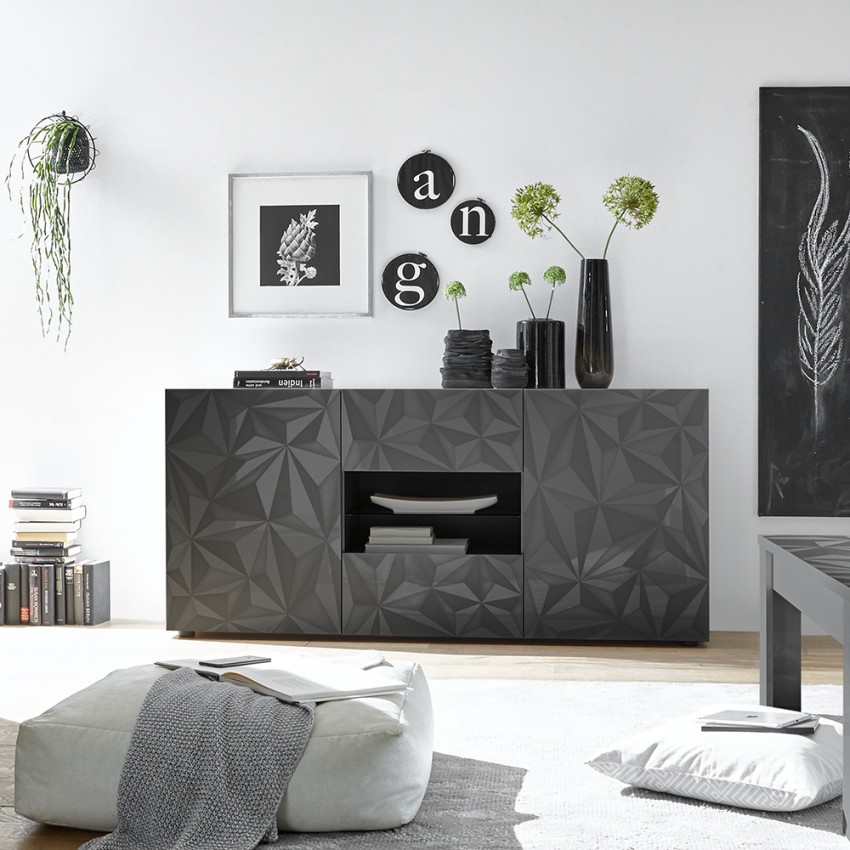 Buffet moderne 2 portes 2 tiroirs gris brillant 181 cm Prisma Rt M Promotion Buffet moderne 2 portes 2 tiroirs gris brillant 181 cm Prisma Rt M Promotion