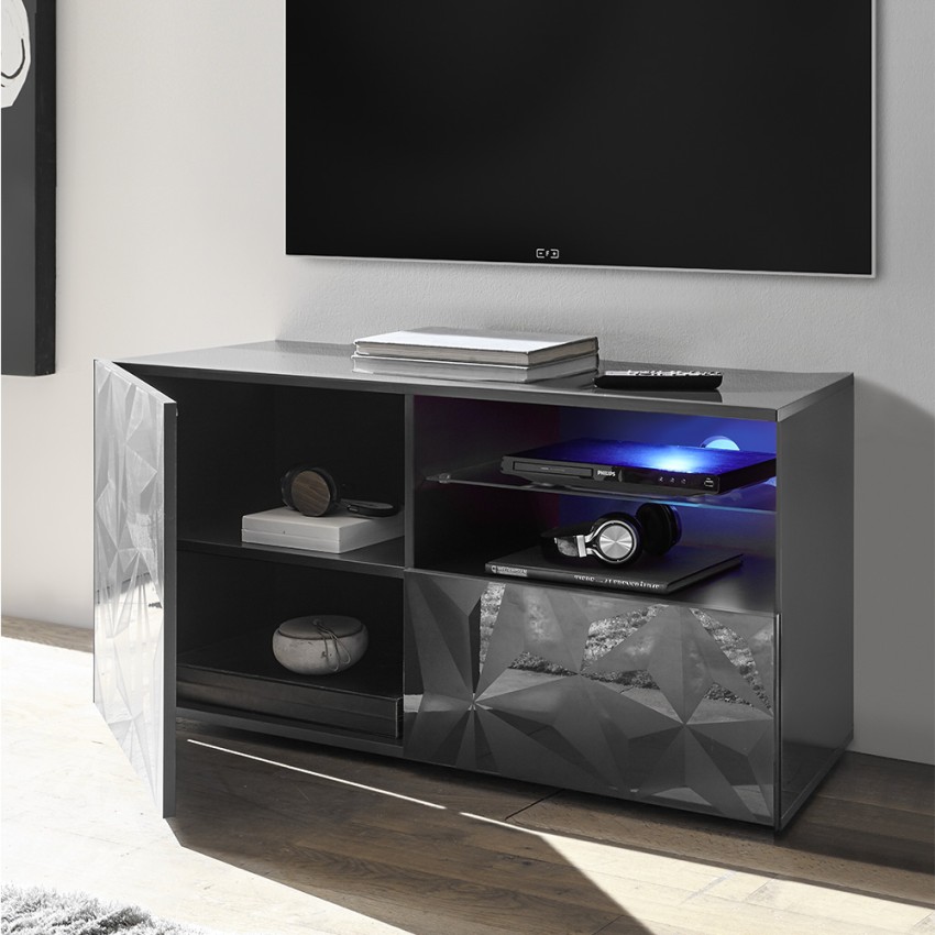 Petite Rt Prisma meuble TV 1 porte 1 tiroir gris brillant 121 cm