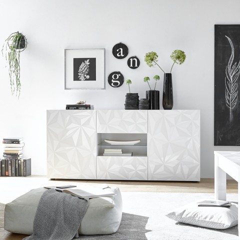 Buffet 2 portes 2 tiroirs 181cm design blanc brillant Prisma Wh M Promotion