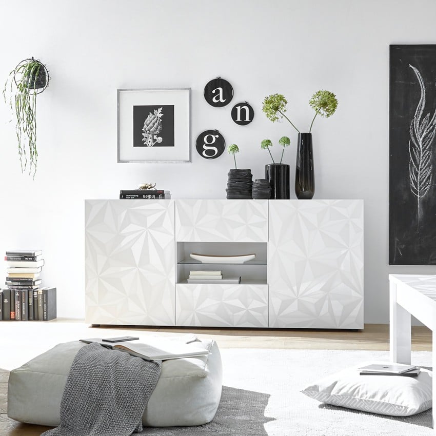 Buffet 2 portes 2 tiroirs 181cm design blanc brillant Prisma Wh M Promotion