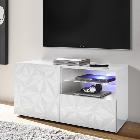 Meuble TV blanc brillant 1 porte 1 tiroir 121 cm Petite Wh Prisma Promotion