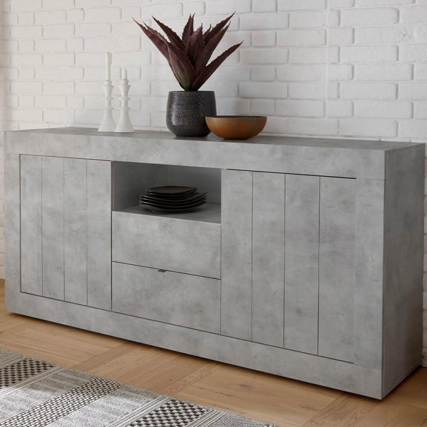 Buffet moderne salon 2 portes 2 tiroirs gris ciment Urbino Ct L Promotion