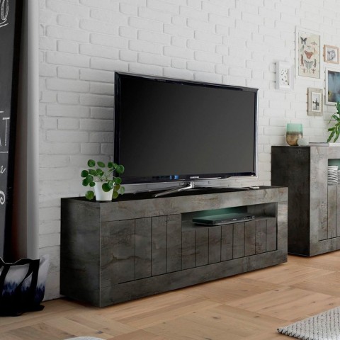 Meuble TV mobile noir 138 cm 3 portes salon moderne Jaor Ox Urbino Promotion