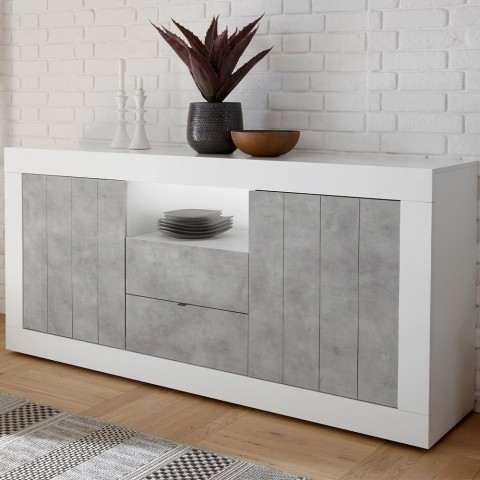 Buffet de salon 2 portes 2 tiroirs blanc brillant béton Doppel LBC Promotion
