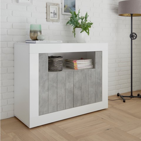 Meuble buffet moderne 2 portes 110cm blanc brillant ciment Minus BC Promotion
