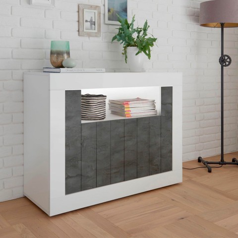 Buffet moderne design blanc brillant noir 2 portes 110cm Minus BX Promotion