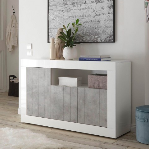 Buffet de salon 3 portes 138cm blanc brillant et béton Doppel MBC Promotion