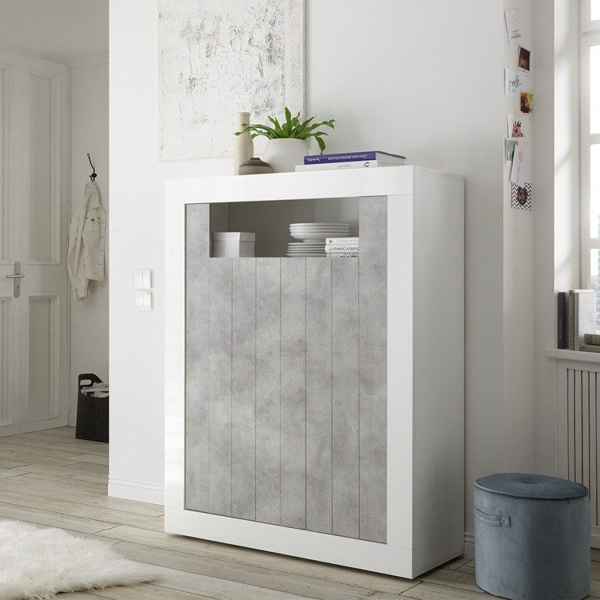 Buffet haut séjour 144cm blanc laqué effet béton moderne Sior BC Promotion Buffet haut séjour 144cm blanc laqué effet béton moderne Sior BC Promotion