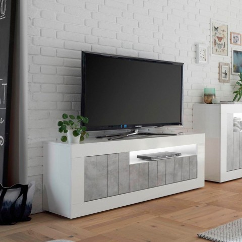 Meuble TV blanc brillant effet béton 3 portes 138 cm moderne Jaor BC Promotion