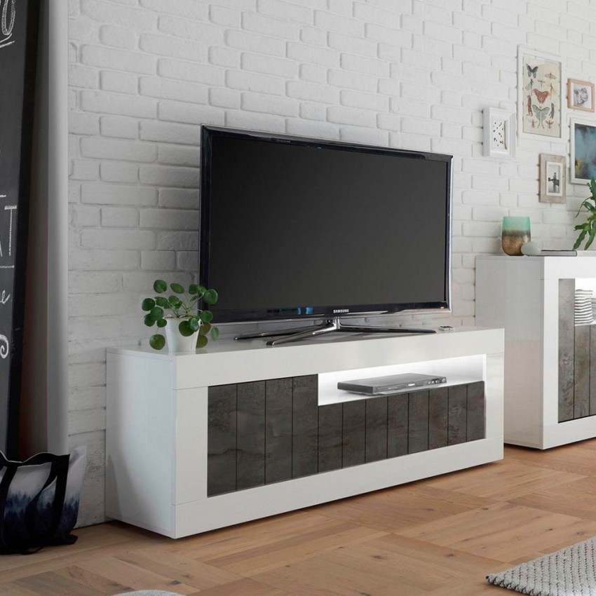 Meuble TV design moderne 138 cm 3 portes blanc brillant noir Jaor BX Promotion