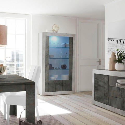 Vitrine séjour salon 2 portes en verre 110x191cm béton noir Dern CX Promotion